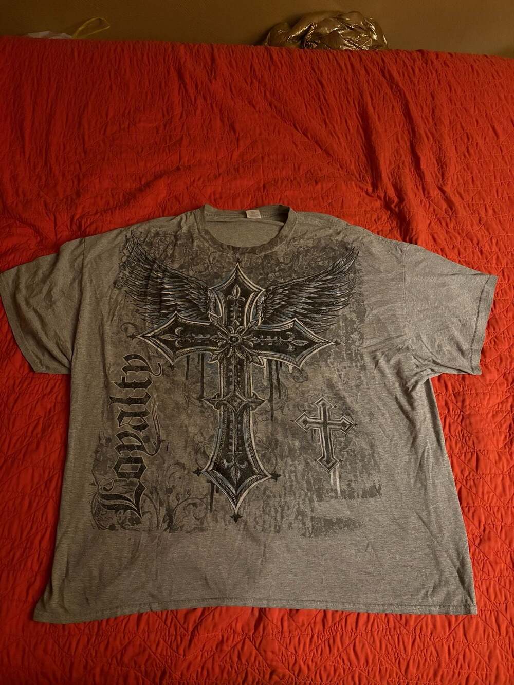 Gildan Ultra Cotton Y2K Grunge Gothic Cross Wings Loyalty Graphic T-Shirt Gray
